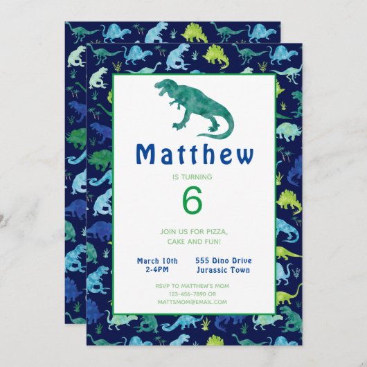 Kinder uitnodiging tot Waterverf Dinosaur Birthday (Voorkant / Achterkant)