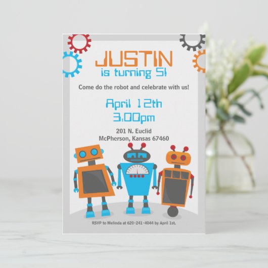 Kinder uitnodiging van de Birthday-partij Robot (Staand voorkant)