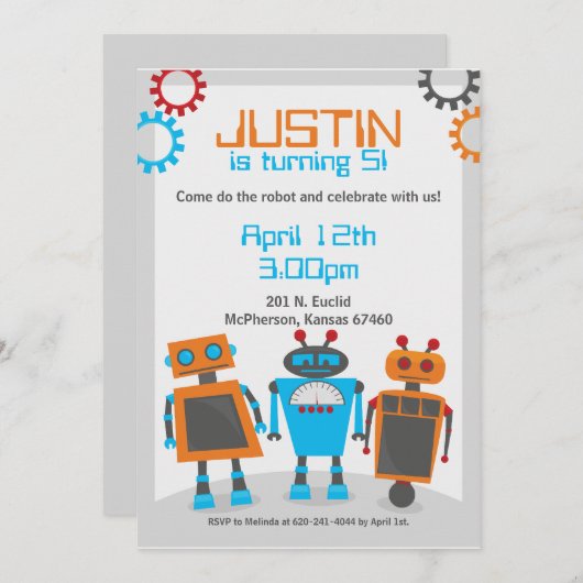 Kinder uitnodiging van de Birthday-partij Robot (Voorkant / Achterkant)