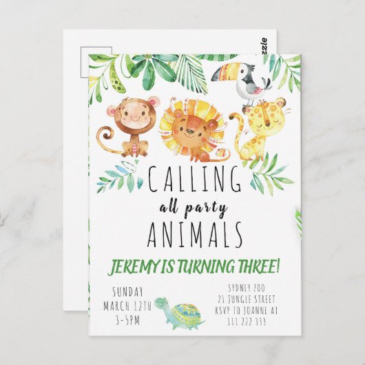 Kinder uitnodiging van de Oerwoud van de briefkaar (Voorkant / Achterkant)