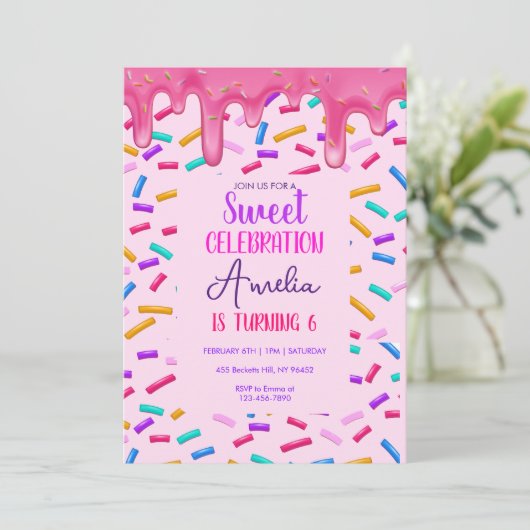 Kinder uitnodiging van Donut Birthday (Staand voorkant)