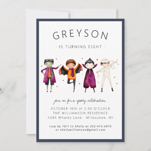 Kinder uitnodiging van het Costume Birthday Party (Voorkant)