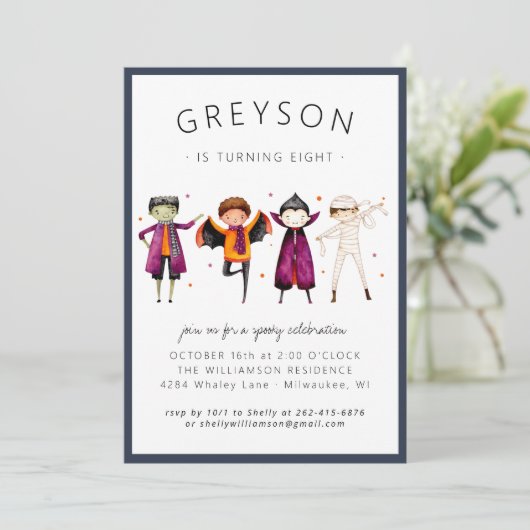Kinder uitnodiging van het Costume Birthday Party (Staand voorkant)