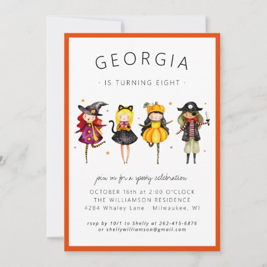 Kinder uitnodiging van het Costume Birthday Party (Voorkant)