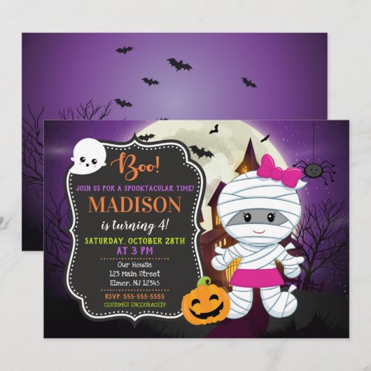 Kinder uitnodiging voor Birthday Halloween / Mummy (Voorkant / Achterkant)