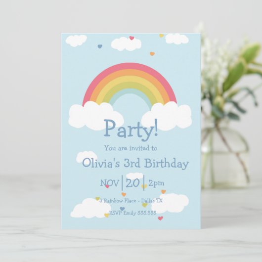 Kinder uitnodiging voor de Birthday-regenboogparti (Staand voorkant)