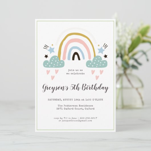 Kinder uitnodiging voor de Birthday-regenboogparti (Staand voorkant)