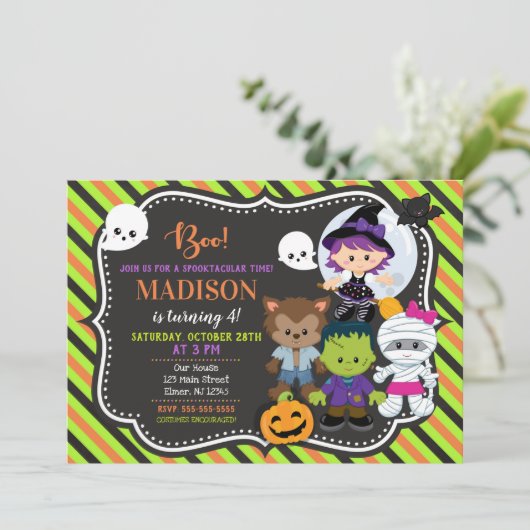 Kinder uitnodiging voor geboorte Halloween (Staand voorkant)