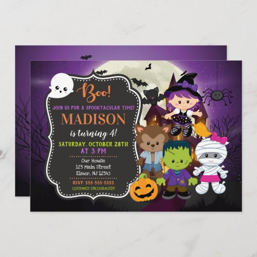 Kinder uitnodiging voor geboorte Halloween (Voorkant / Achterkant)