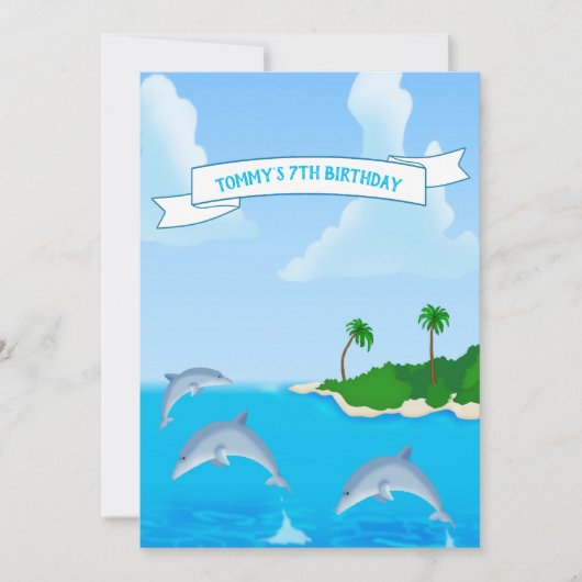 Kinder uitnodiging voor het feest van de dolfijn (Voorkant)