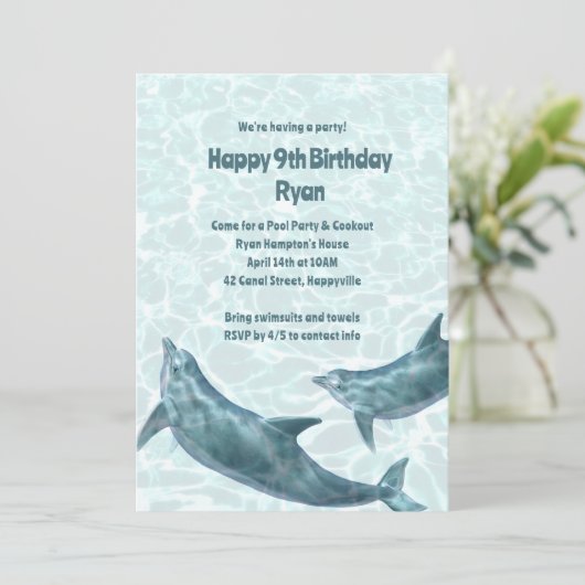 Kinder uitnodiging voor het feest van de dolfijn (Staand voorkant)