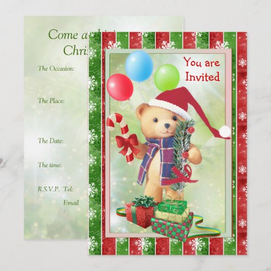 Kinder uitnodiging voor kerstfeest met Teddy Bear (Voorkant / Achterkant)