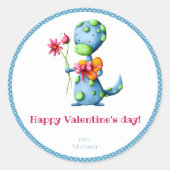 Kinder Valentijnsdag Blauwe Dinosaurus Ronde Sticker (Voorkant)