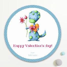 Kinder Valentijnsdag Blauwe Dinosaurus Ronde Sticker
