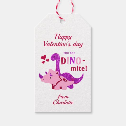 Kinder Valentijnsdag Girly Dinosaur Dino-mijt Cadeaulabel (Voorkant)