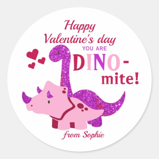 Kinder Valentijnsdag Girly Dinosaur Dino-mijt Ronde Sticker (Voorkant)