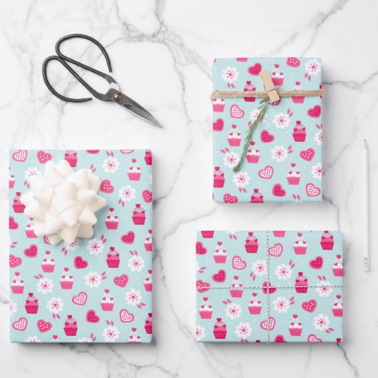 Kinder Valentijnsdag Heart Cupcakes Witte Bloemen Inpakpapier Vel (Voorkant)