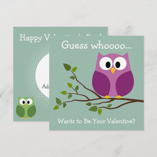 Kinder Valentijnsdag Kaart met Leuke Cartoon Uil (Voorkant / Achterkant)