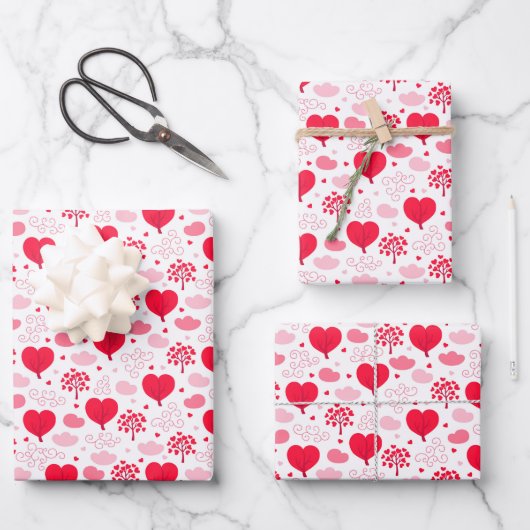 Kinder Valentijnsdag Red Heart Flowers Trees Cloud Inpakpapier Vel (Voorkant)