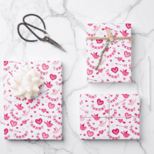 Kinder Valentijnsdag Roze Vogels Harten Liefde Ban Inpakpapier Vel