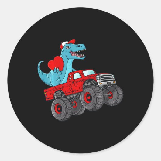 Kinder Valentijnsdag T Rex Riding Monster Truck Fu Ronde Sticker (Voorkant)