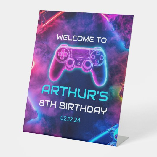 Kinder Video Gaming Verjaardagsfeest Reclamebord Met Voetstuk (Voorkant)