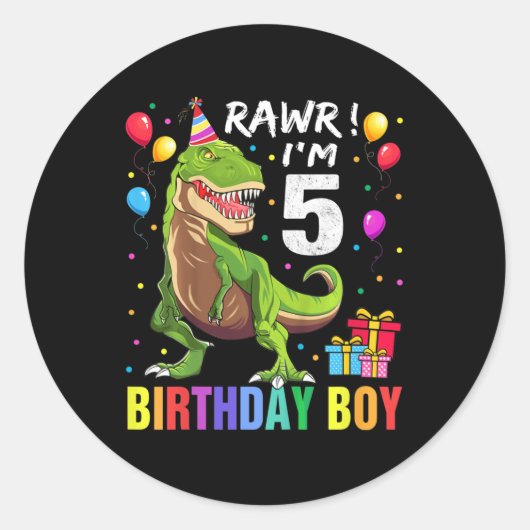 Kinder vijfjarige jongen T Rex Dinosaur Ronde Sticker (Voorkant)