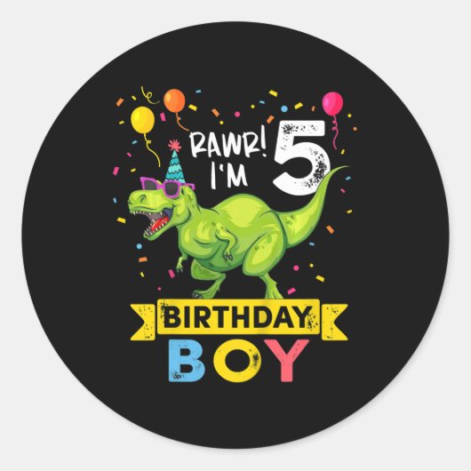 Kinder vijfjarige jongen T Rex Dinosaur Ronde Sticker (Voorkant)