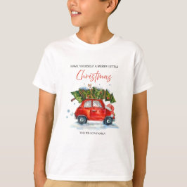 Kinder vintage kerst T-shirt – rode auto met boom