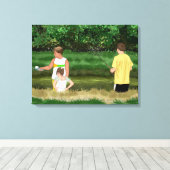 Kinder Vist bij de Lokale Vijver Canvas Afdruk (Insitu (Houten vloer))