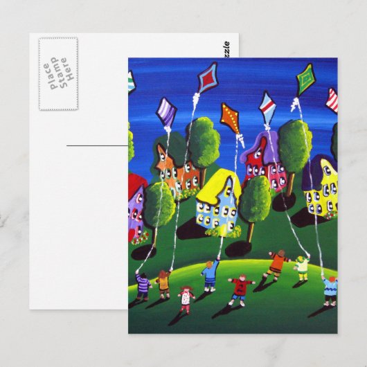 Kinder vliegende vliegers Folk Art Briefkaart (Voorkant / Achterkant)