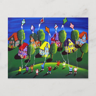 Kinder vliegende vliegers Folk Art Briefkaart