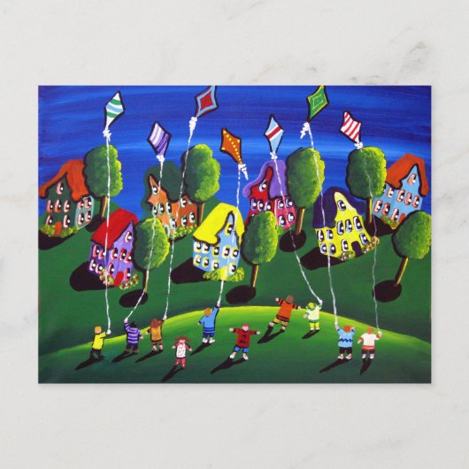 Kinder vliegende vliegers Folk Art Briefkaart (Voorkant)