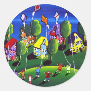 Kinder Vliegers Folk Art Ronde Sticker