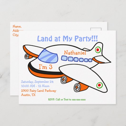 Kinder vliegtuiglanding op uitnodiging voor verjaa (Voorkant / Achterkant)