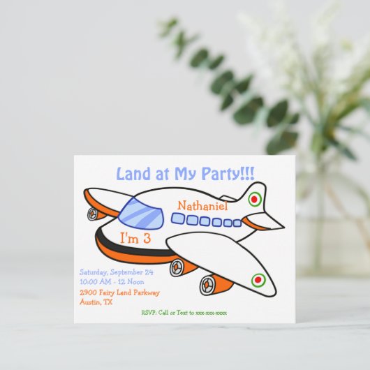 Kinder vliegtuiglanding op uitnodiging voor verjaa (Staand voorkant)