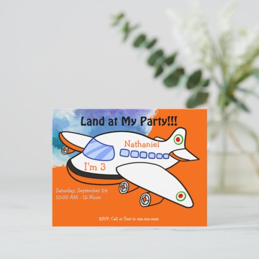 Kinder vliegtuiglanding op uitnodiging voor verjaa (Staand voorkant)