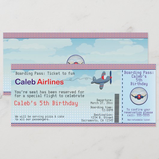 Kinder vliegtuigticket verjaardagsuitnodigingen kaart (Voorkant / Achterkant)