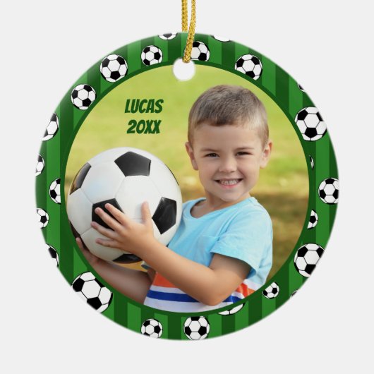 Kinder Voetbal Patroon Twee Foto Kerstmis Keramisch Ornament (Voorkant)