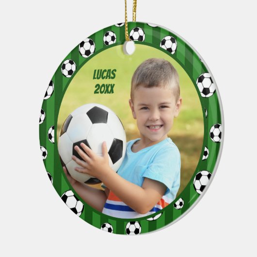 Kinder Voetbal Patroon Twee Foto Kerstmis Keramisch Ornament (Links)