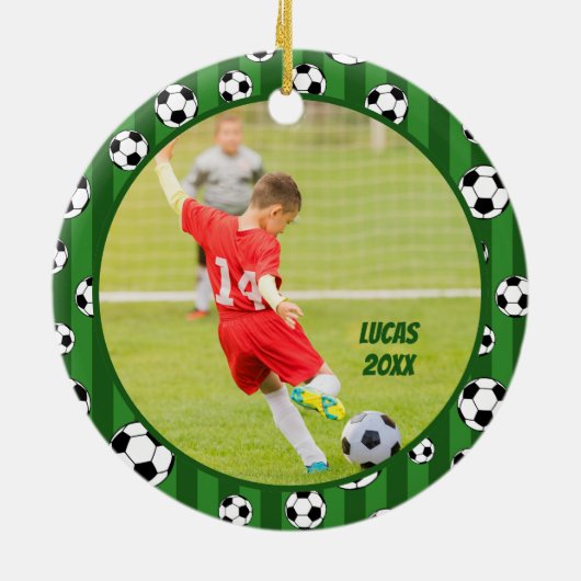 Kinder Voetbal Patroon Twee Foto Kerstmis Keramisch Ornament (Achterkant)