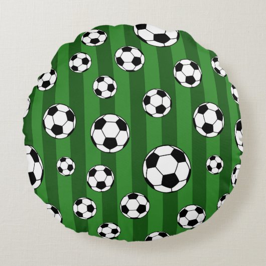 Kinder Voetballen patroon op groene strepen Rond Kussen (Voorkant)