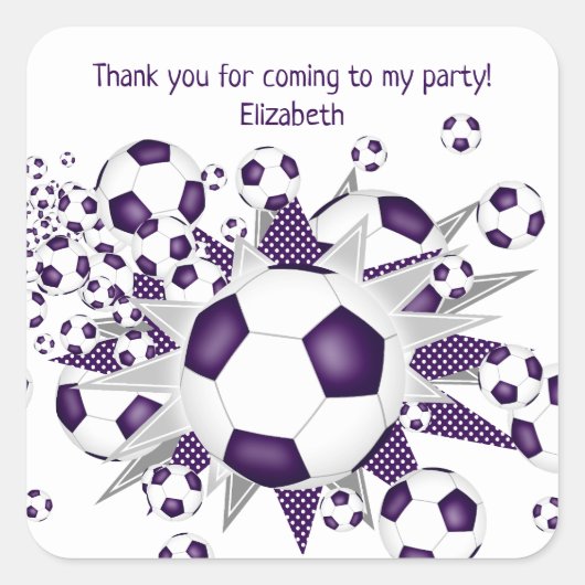 Kinder voetbalpartij paarse voetballen sterren vierkante sticker (Voorkant)