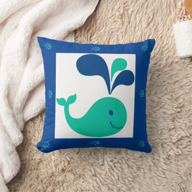 Kinder walvis Cartoon blauw wit groen Sierkussen (Deken)