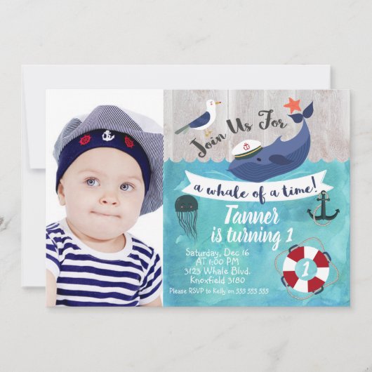 Kinder walvis Foto Waterverf Birthday Uitnodiging (Voorkant)