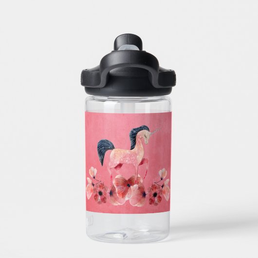 Kinder water Fles Roze met Unicorn & Flowers (Achterkant)