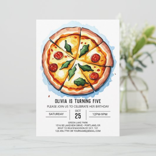 Kinder Waterverf Pizza Verjaardag Kaart (Staand voorkant)