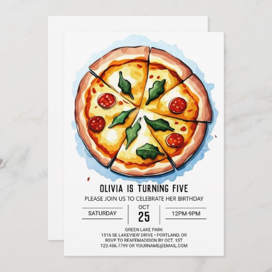 Kinder Waterverf Pizza Verjaardag Kaart (Voorkant / Achterkant)