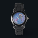 *~* Kinder Waterverf Zee Beach Jelly Fish Star Fis Horloge<br><div class="desc">Star Fish Jelly Fish Gold Glitter Paarse Glitter Blue Glitter strandsymbolen op een strand als borrelende schuimige stijlvolle abstracte waterverf met wat magenta achtergrond versieren het gezicht van dit kinder kinderhorloge. Het horloge heeft een fonkelende glitter zilveren lederen band en een zwart horloge handen voor contrast helpen uw kleintjes vertellen...</div>