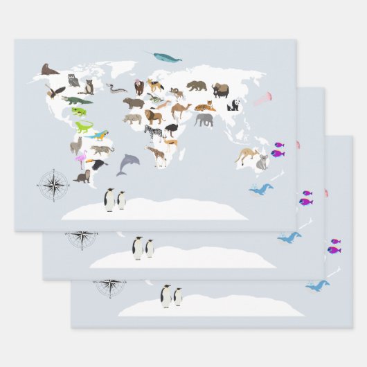 Kinder Wereldkaart dieren Inpakpapier Vel (Set)